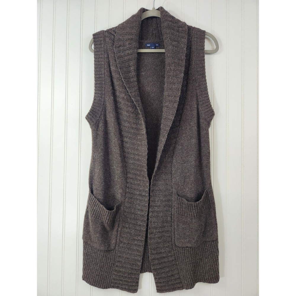 Gap Brown Knit Longline Vest Shawl Collar Alpaca Blend Open Front Pockets Medium
